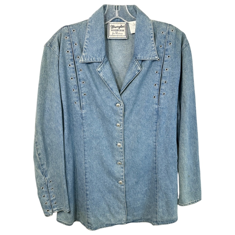 VTG Wrangler Western Wear Large Denim Shirt Blue Grommet Studded Shacket 1234